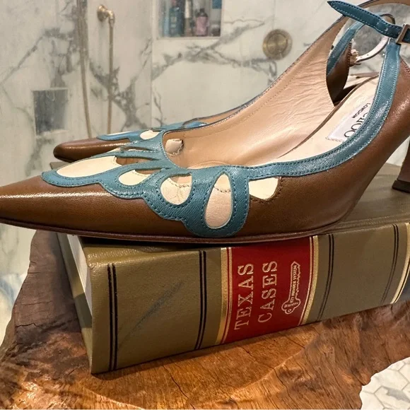 Jimmy Choo | 8 | Slingback Pumps Brown Teal Cutout Leather Pointed Toe 3” Heel - Picture 10 of 16